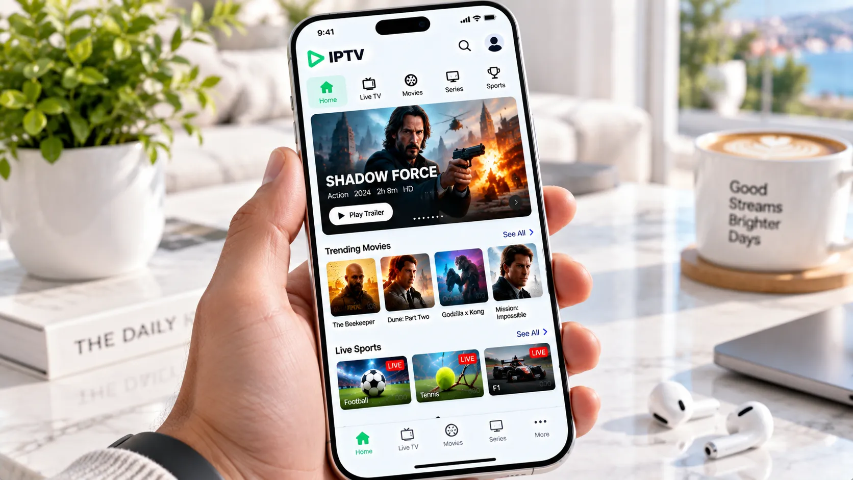 Bildvergleich IPTV: niedrige Bitrate mit Artefakten vs. optimale Bitrate